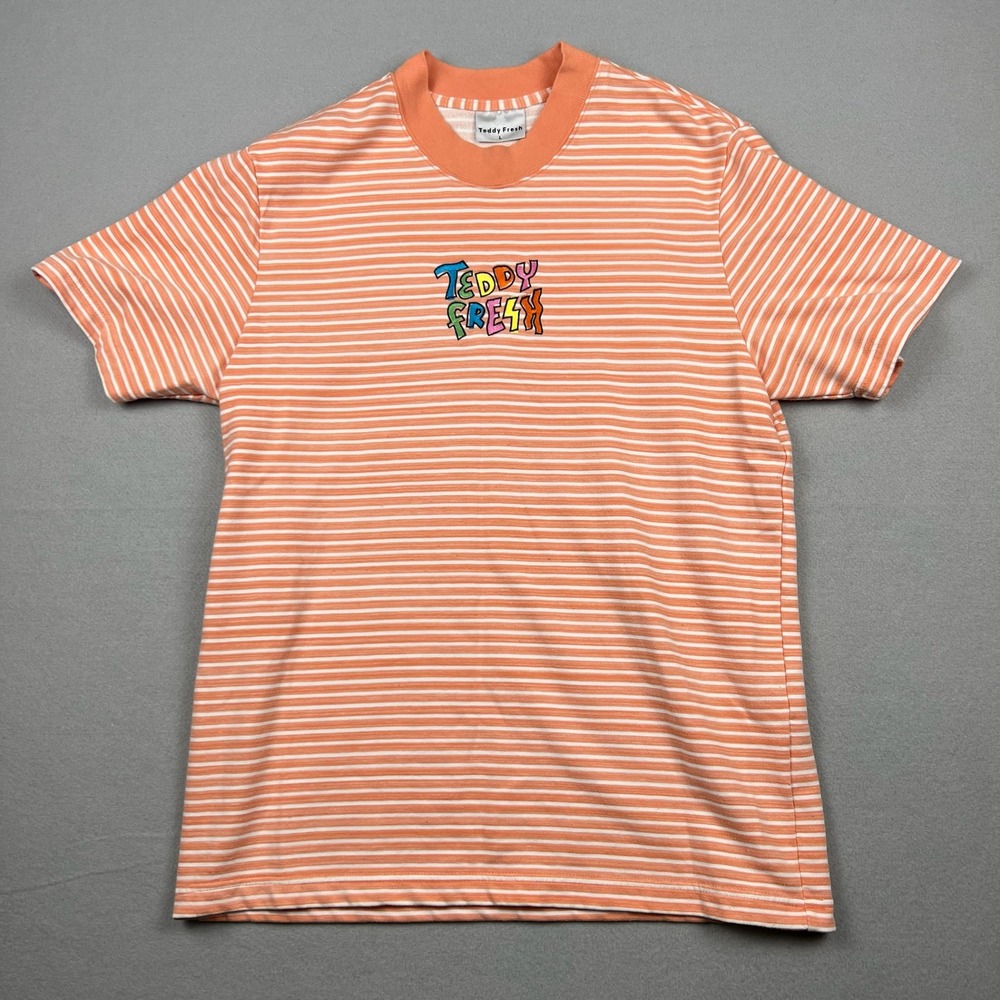 Teddy Fresh Mens Large Orange Striped Embroidered Logo Short Sleeve T-Shirt